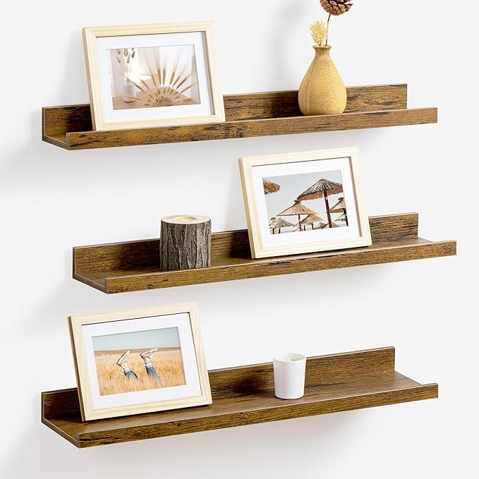 Axeman Picture Ledge Shelf | 24 Inch Brown Floating Shelves Set of 3 | Rustic Brown Wood Wall Shelves with Lip | 24" Picture Shelf for Wall with Ledge | Photo Shelves