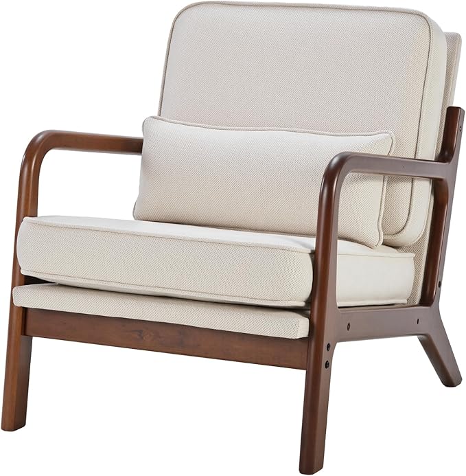 DUMOS Accent Chair Mid Century Modern Chair with Arms and Waist Cushion, Reading Chairs for Adults with Solid Frame, Lounge Side Sitting Armchair for Living Room, Bedroom, Balcony, Creamy