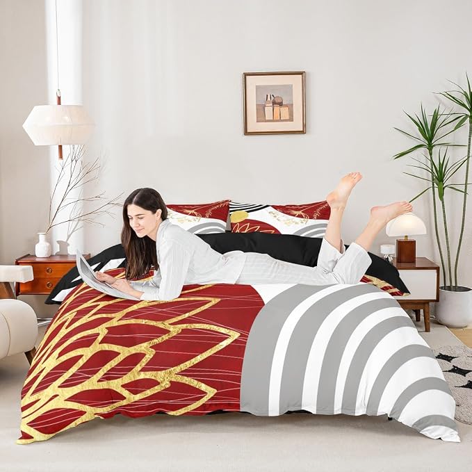 Erosebridal Red and White Modern Twin Comforter Cover for Minimalist | Abstract Mid Century Duvet Cover Bohemian Leaf Floral Botanical Bed Set Aesthetic Modern Geometric Bedding Set