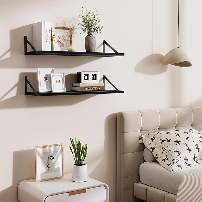 Deep Floating Shelves for Wall,30" Wx10 D Wood Floating Shelf Set of 2,Sturdy Metal Bracket Wide Display & Storage,Wall Mounted Hanging Floating Shelves for Living Room,Bedroom,Kitchen,Black