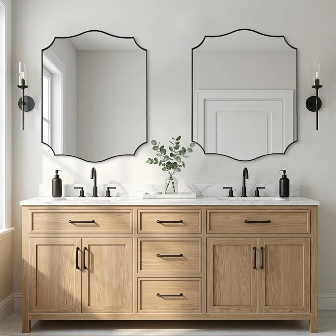 ANDY STAR 24"x30" Black Scalloped Mirror, Bathroom Mirrors for Over Sink, Black Framed Mirror with Elegant Curved Scallop Design, Premium Stainless Steel Thin Frame, Hangs Horizontally or Vertically