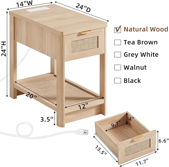 Lerliuo Narrow Night Stand with Charging Station, Boho Nightstand with Drawer, Bed Side End Table with Rattan Shelf for Small Spaces, Wood Nightstands Bedside Tables for Living Room Bedroom
