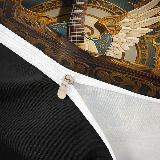 Erosebridal Guitar Bedding Set Queen for Men Adults - Retro Baroque Rock Style Duvet Cover Luxury Angel Wings Guitar Comforter Cover,Rock Roll Music Aesthetic Bed Set