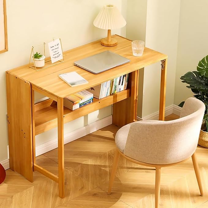 Solid Wood Folding Desk, Mid Century Modern, Home Office Study Desk with Storage Shelf (83cm/32.6", Natural)
