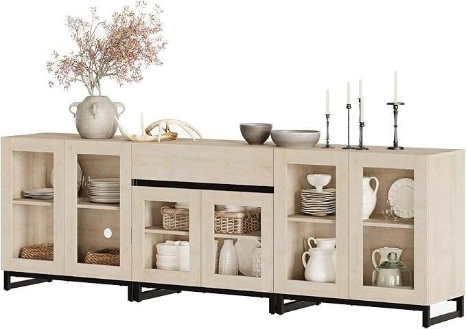 WAMPAT 3 in 1 Modern Sideboard with Adjustable Shelves and Drawer,Storage Cabinet with Glass Doors, Coffee Bar Cabinet for Living Room, Kitchen, Light Oak