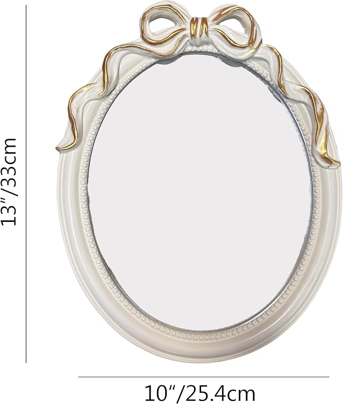 Vintage Vanity Desk Mirror -13x10Inch Wall-Mounted & Tabletop Decorative Ornate Gold Accent Retro Makeup Mirror for Bedroom Dresser Bathroom Living Room Oval