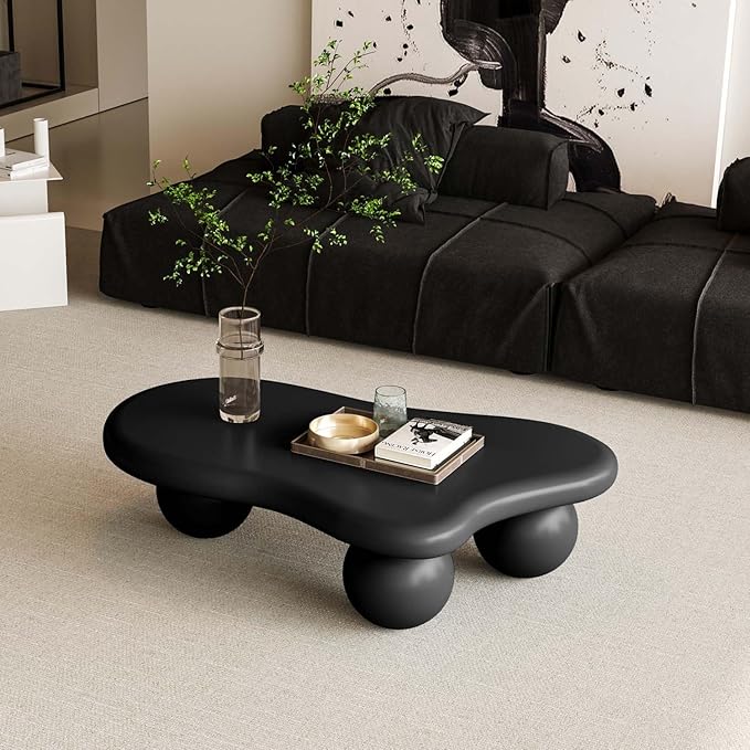 40" Black Modern Coffee Table Cloud Shape Low Center Table with 3 Ball Legs Cute Irregular Indoor Tea Table for Living Room Small Space