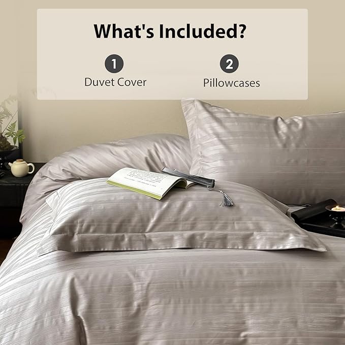 100% Cotton Duvet Cover Queen Size, Soft Grey Striped Duvet Cover Set for All Season, Luxury Hotel-Style - 1 Duvet Cover 90x90 Inches with Zipper Closure, 2 Pillowcases