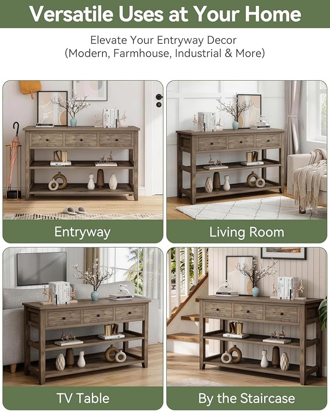 Karl home Console Table with 3 Drawers, 47" Farmhouse Wash Grey Entryway Sofa Table with Silent Slide Rails & Anti-Fall Guardrails for Hallway, Living Room, Foyer, Office
