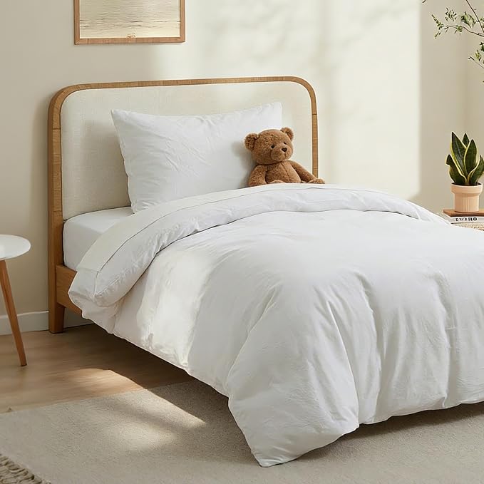 LOVQUE 100% Washed Cotton Duvet Cover Twin Size, Linen-Like Textured White Fade-Resistant Natural Bedding Set (No Comforter), 68x90 Inches