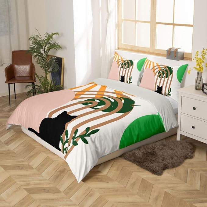 Erosebridal Boho Geometric Toddler Duvet Cover Mid Century Abstract Minimalism Bedding Set Funny Cats Animals Comforter Cover for Kids Girls Boys Adults Tropical Palm Leaves Botanical Bed Set