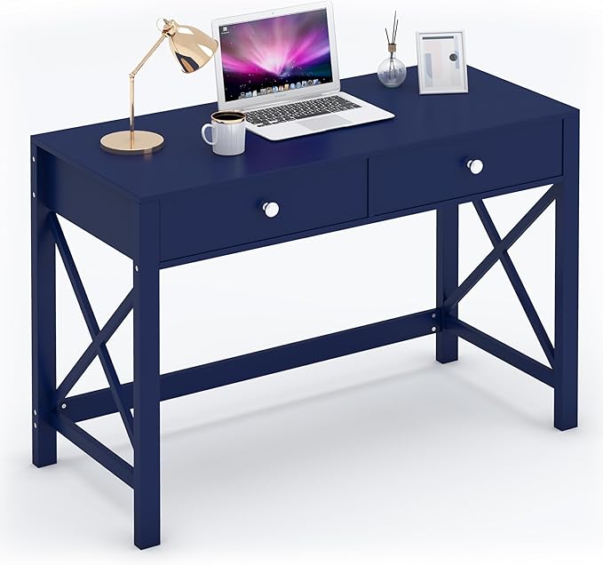 WiberWi Home Office Desk with Drawers, Modern Writing Computer Desk for Bedroom, Small Makeup Vanity Table Study Table for Home Office,Navy