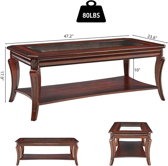 LEEMTORIG Vintage Glass Top Coffee Table for Living Room, 47 inches Rectangular 2-Tier Wood Coffee Tables with Storage Shelf, Traditional Mid Century Queen Anne Style Cocktail Table KFZ-A1168-GT