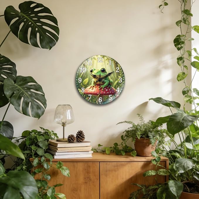 peacoblue Wall Clocks Battery Operated 12 Inch Tree Frogs with Mushrooms Glass Round Wall Clock Non Ticking for Kitchen Living Room Dining Room Bedroom and Bathroom Decor (Battery not Included)