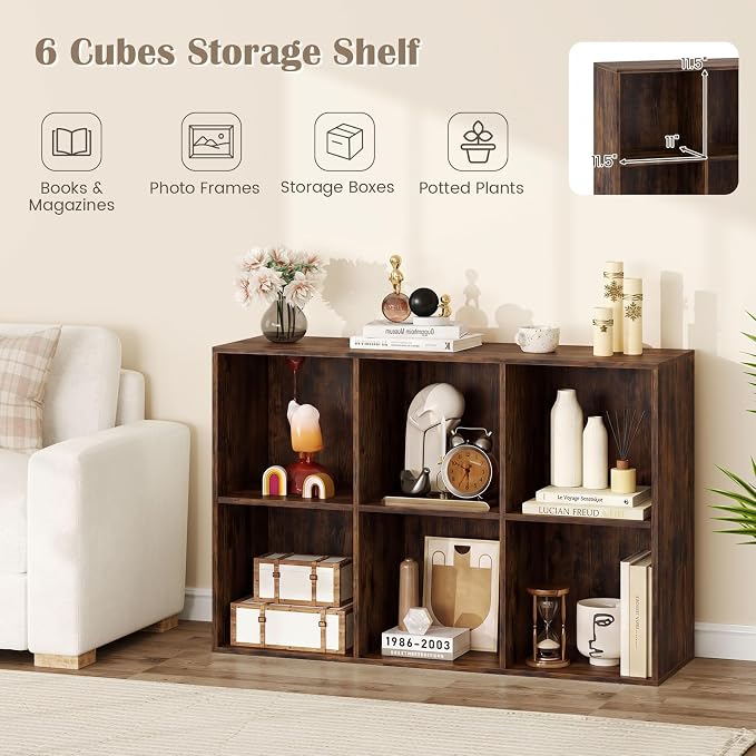 Tangkula 6-Cube Bookcase, Large Floor Standing Horizontal Bookshelf with 6 Open Shelves & 2 Anti-Tipping Kits, Home Office Wooden Storage Book Shelf for Living Room, Study (Rustic Brown, 6-Cube)