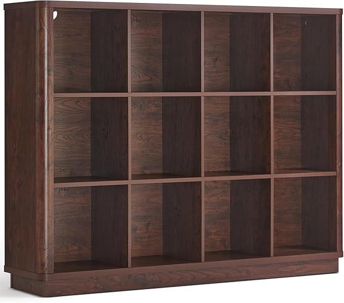 Joaxswe 12 Cube Storage Organizer, 41" Large Bookshelf with Curved Edge, Wood Floor Standing 3-Tier Cubby Bookcase w/Base, Vintage Display Storage Cabinet, Book Case for Living Room, Office, Walnut