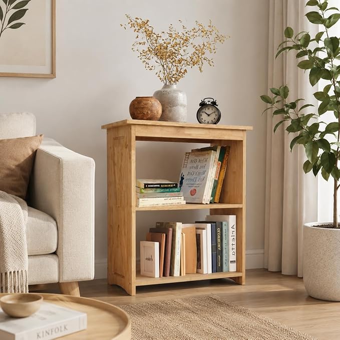 Rustic Bedside Table with Storage Shelf, Wood End Table for Bedroom & Living Room, Narrow Farmhouse Side Table, Modern Nightstand for Bedroom, Living Room and Office (Natural)