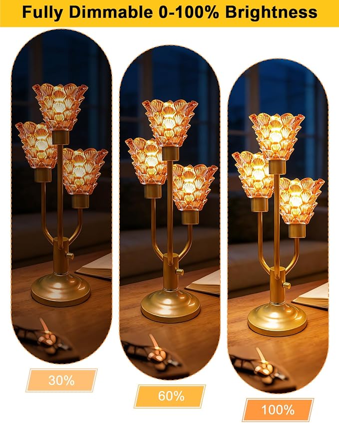 Lightdot Mid Century Modern Table Lamp for Living Room Dimmable Nightstand Lamp Vintage Gold Desk Lamp Amber Glass 3 Bulbs Included Warmwhite Ambient Bedside Lamps for Bedroom Home Office Decor Gift