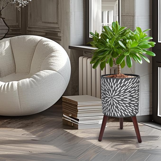 12 Inches Plant Pot with Stand, Large Modern Standing Planters for Indoor Plants with Drainage Holes, Gray Flower Pots with Legs