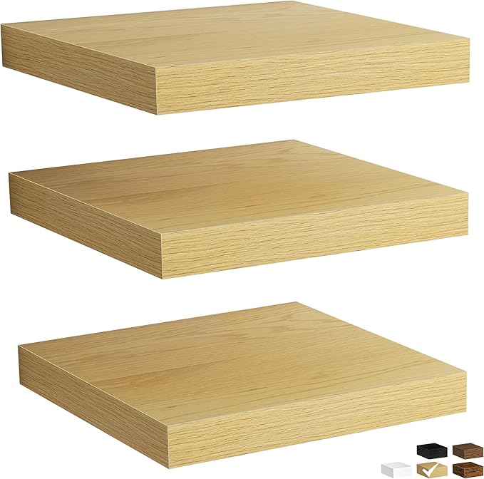 Fun Memories Rustic Wood Floating Shelves for Wall, Space-Saving Wall Mounted Shelves for Bathroom, Bedroom, Living Room and Kitchen, Stylish Storage & Display (Set of 3, Oak, 12 in)