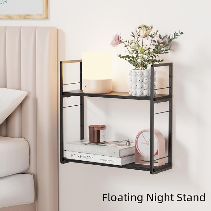 Floating Book Shelves for Wall, 2-Layer Wall Bookshelf for Book Storage, Space Saver, 16in Stud Hanging Shelf, Bedside Shelf for Living Room Bedroom Office, Black