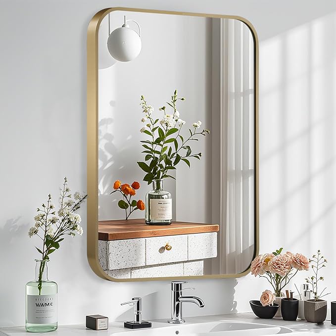 Gold Mirror, 24x32 Inch Gold Rectangle Mirror, Aluminum Alloy Framed Vanity Mirror, Rounded Rectangle Bathroom Mirror for Over Sink, Anti-Rust Wall Mirror (Horizontally or Vertically)
