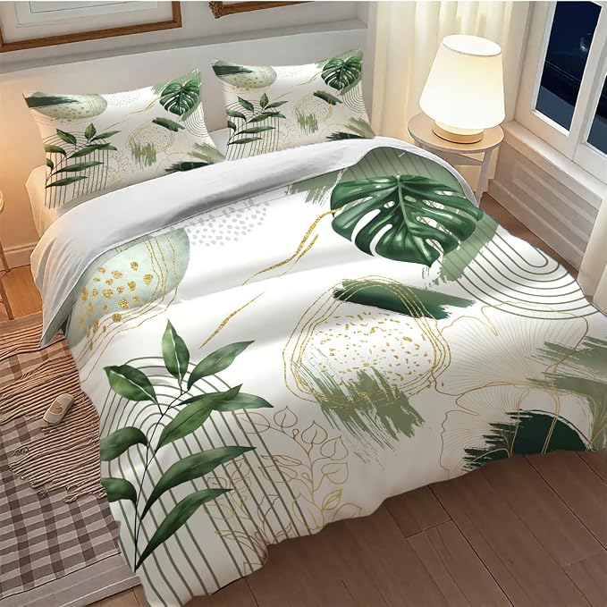 Boho Leaf Bedding Set,Mid Century Palm Tropical Leaf Abstract Geometric Modern Minimalism Green Comforter Set with Pillowcase for Bedroom Bed Decor,King 102"x90"