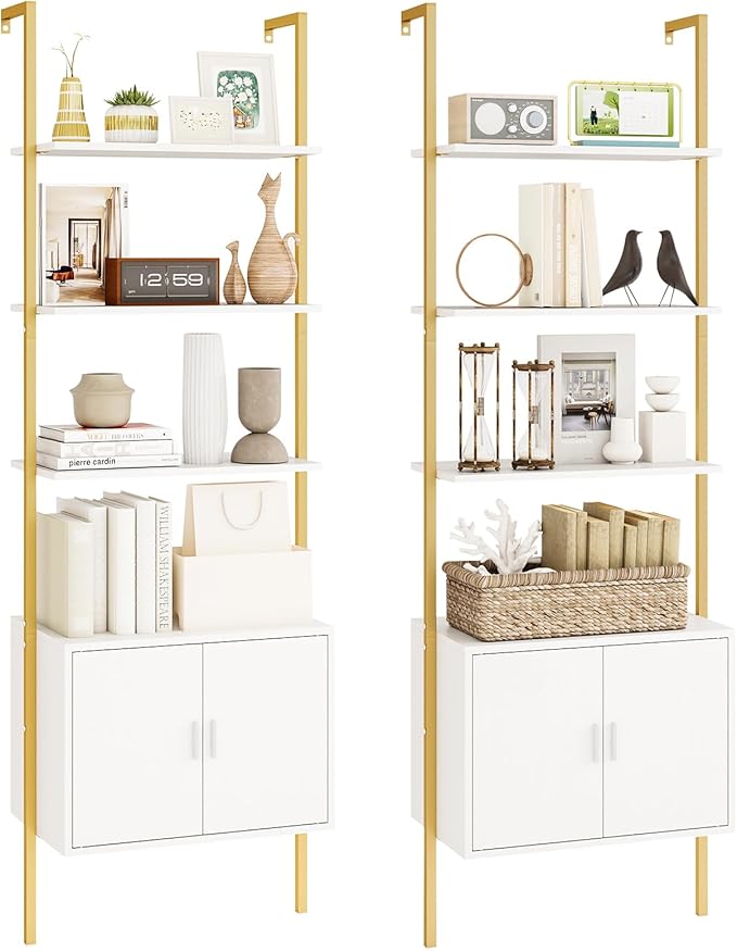 Giantex 5-Tier Wall-Mounted Ladder Shelves Set of 2, 72.5" Tall Bookshelf w/ 2-Door Cabinet, Modern Style Kitchen Open Shelving Organizer, Heavy-Duty Metal Frame Display Rack for Living Room
