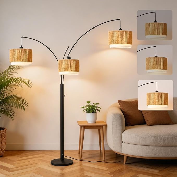 Boho Arc Floor Lamp for Living Room, Rattan Floor Lamp with Stepless Dimmable Switch, Farmhouse Standing Lamp with Wicker&Fabric Shade, Industrial Black Tall Lamp for Bedroom Over Couch Corner