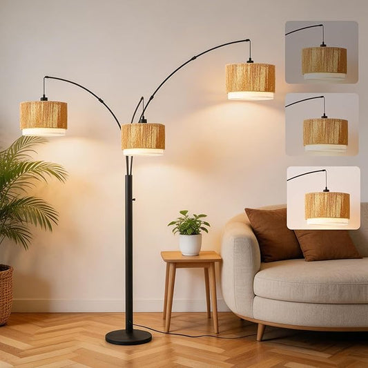 Boho Arc Floor Lamp for Living Room, Rattan Floor Lamp with Stepless Dimmable Switch, Farmhouse Standing Lamp with Wicker&Fabric Shade, Industrial Black Tall Lamp for Bedroom Over Couch Corner