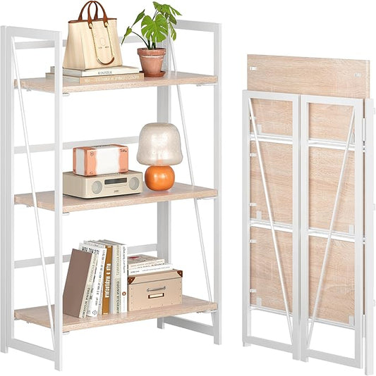 4NM No Assembly 3 Tiers Collapsible Book Shelves, Folding Bookshelf Bookcase Open Industrial Foldable Shelves for Bedroom, Living Room, Home Office - Natural White