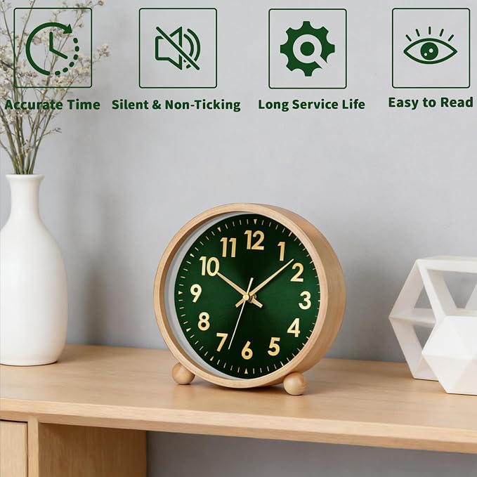Maxspace Wooden Table Clock,8in Silent Non-Ticking Desk Clock,Battery Operated Desktop Analog Clock for Living Room Office Bedroom Decor (Green Gold - Log, Wooden Ball Base)