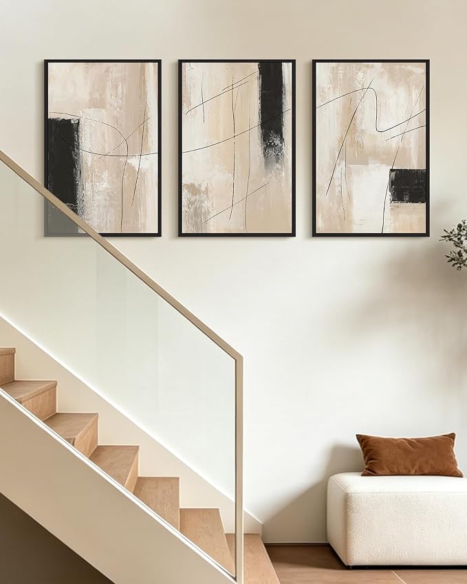 KUVIOKE Abstract Framed Wall Art Minimalist Beige Pastel Watercolor Neutral Wall Decor Modern Black Line Art Painting Home Decor 16x24in (Black Framed)