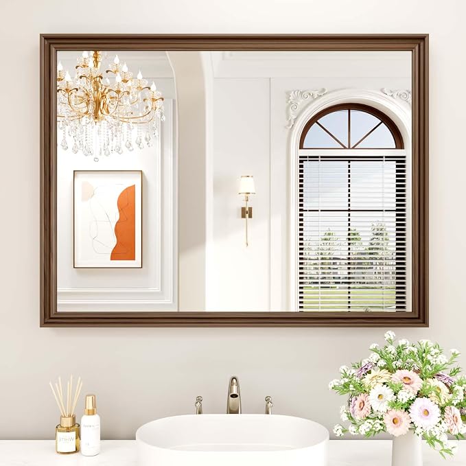 WEER Retro Copper Bathroom Mirror, 40x30 Inch Bronze Oil Rubbed Framed Mirror, Rectangle Classic Vintage Framed Wall Mirror, Farmhouse Vanity Mirror, Tempered Glass, Vertically or Horizontally