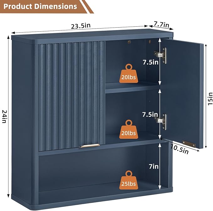 LEYAOYAO Fluted Bathroom Wall Cabinet, Wall-Mounted Medicine Cabinet with Adjustable Shelf & Doors, Farmhouse Floating Over The Toilet Storage Cabinets for Laundry Room, Kitchen, Living Room (Blue)
