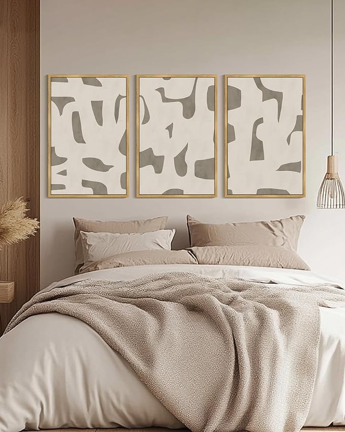 KUVIOKE Bohemain Abstract Framed Wall Art Brown Mid-Century Duotone Minimal Dark Brush Stroke Neutral Modern Minimalist Painting Decorative Artwork 24x36in (Natural Framed)