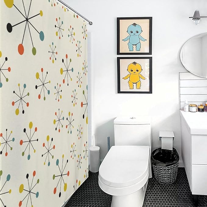 Mid Century Modern Shower Curtain for Bathroom, Abstract Geometric Atomic Iconic Retro 1950s 1960s Pastel Vintage Rustic Waterproof Fabric Shower Curtain Set with Hooks, 72"x78"