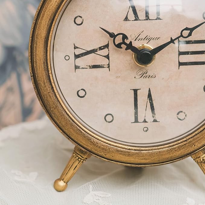 NIKKY HOME Vintage Table Clock with Bird, Decorative Desk Metal Table Clocks Rustic Mantel Clock Non-Ticking, Metal Frame with Antique Gold Finish