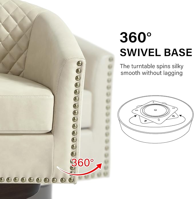 Swivel Barrel Accent Chair, Comfy Modern Upholstered Round Faux Leather Arm Chair for Living Room, Bedroom（Beige, Set of 1