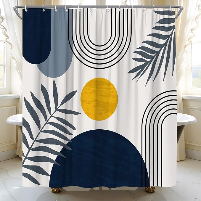 Mid Century Modern Shower Curtain Boho Navy Blue Abstract Retro Aesthetic Fabric for Bathroom Decor Bathtub with Hooks (70" WX84 H)
