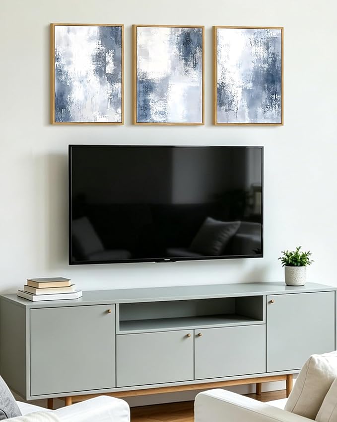 KUVIOKE Navy Blue and Gray Abstract Framed Canvas Wall Art Brush Strokes Block Shape Pastel Wall Decor Modern Minimalist Art Painting Home Decor 12x16in (Natural Framed)