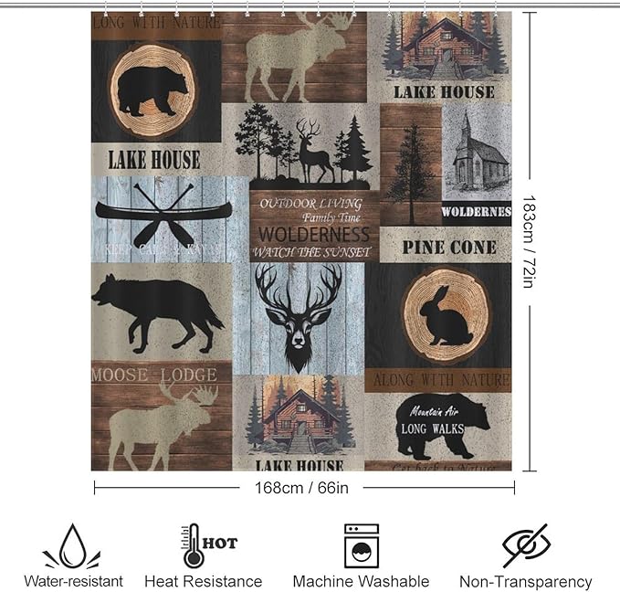 Rustic Cabin Shower Curtain Bear Deer Forest Wildlife Country Lodge Hunting Camping Animal Farmhouse Vintage Waterproof Shower Curtains for Bathroom Decor 12 Pack Hooks 66x72in（168x183cm）