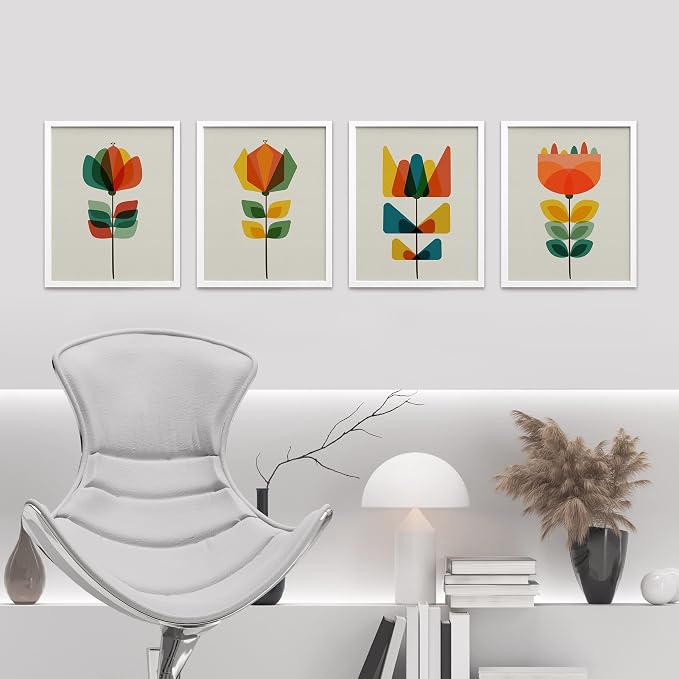 SIGNWIN Framed Mid-Century Modern Retro Botanical Flower Garden Wall Art, Set of 4 Abstract Geometric Wall Decor Prints, Nature Wilderness Wall Décor for Living Room, Bedroom - 11"x14" White
