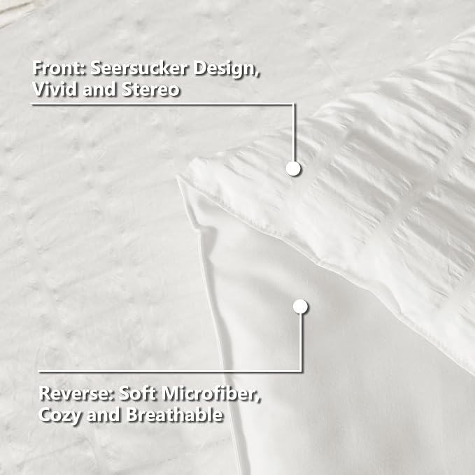CozyLux Queen Comforter Set White, 7 Pieces Seersucker Textured Luxury Bed in a Bag Queen, All Seasons Soft Bedding Sets with Down Alternative Comforter, Sheets, Pillowcases & Shams, Home Gift