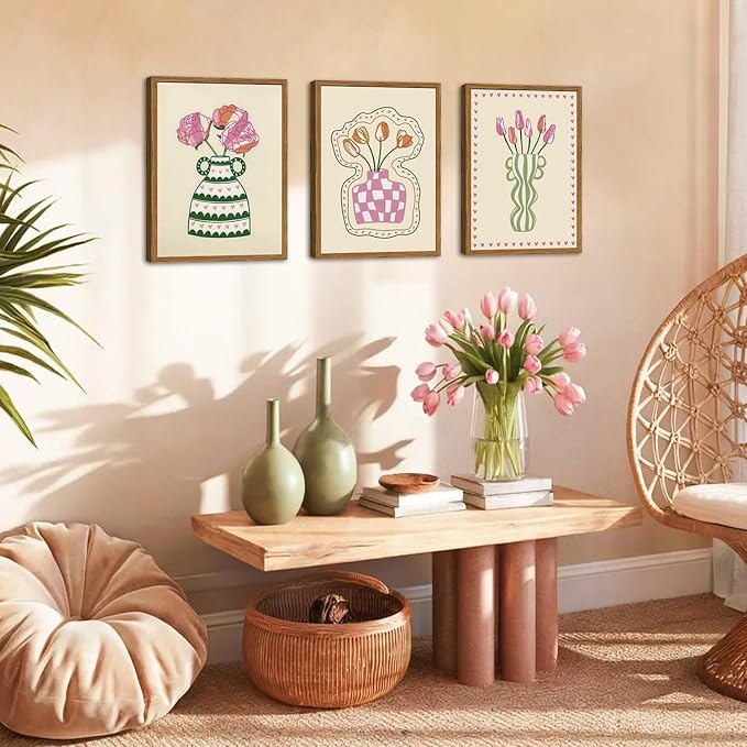 Framed Boho Floral Canvas Wall Art Set of 3, Pink Tulip Flower Paintings Wall Decor, Abstract Botanical Pictures Prints Minimalist Home Decor Aesthetic for Living Room Bedroom Office 16×24 inch