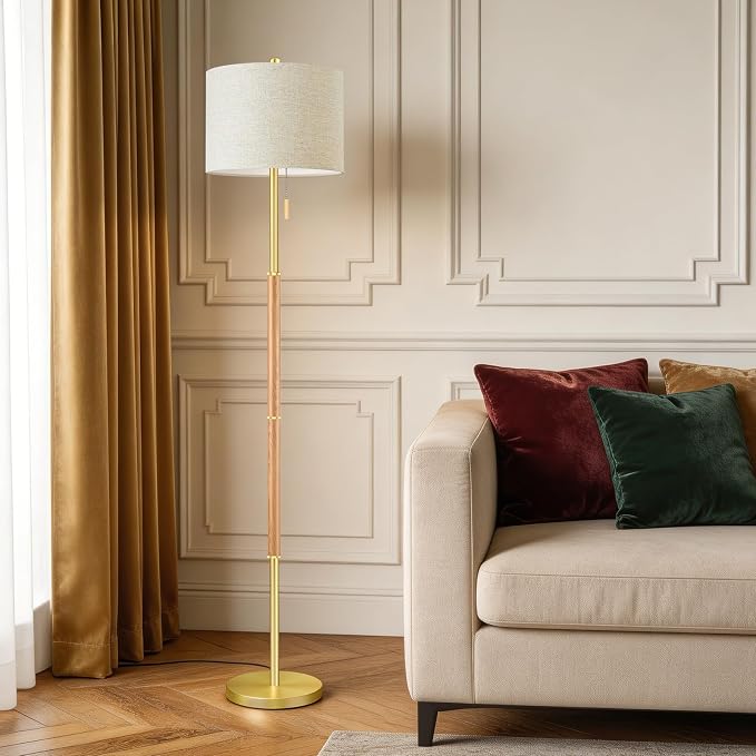 62" Mid Century Modern Floor Lamp, Natural Wood-Tone Standing Lamp with 3 Color Temperature & Pull Chain, Weighted Anti-Tip Base for Safety, Floor Lamps for Living Room Bedroom Corner (6500K Bulb)