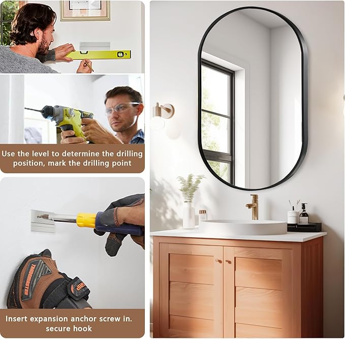 Black Oval Mirror, 26"x38" Oval Bathroom Mirror, Vanity Mirror with Brushed Metal Frame, Wall Mount Mirrors Decor for Bathroom, Bedroom, Entryway, Living Room(Hangs Horizontally or Vertically)