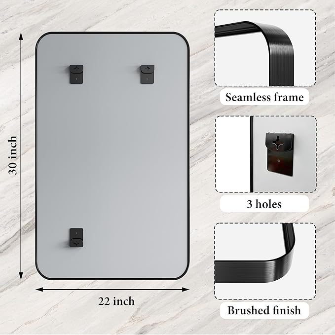 Bathroom Mirror for Wall, 30x22 Inch Rectangle Mirror,Matte Black Metal Framed Bathroom Vanity Mirror for Restroom Farmhouse, HD Tempered Glass,Anti-Rust Aluminum Alloy Mirror
