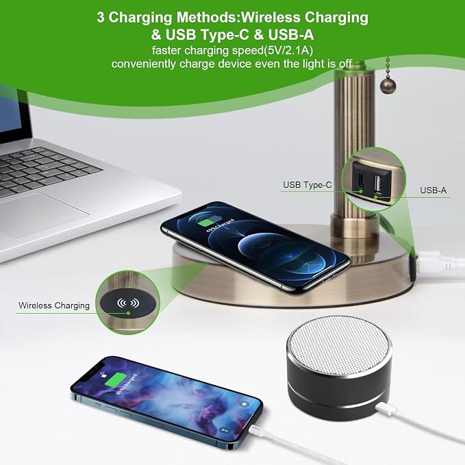 FIRVRE Glass Bankers Desk Lamp with USB Wireless Charging Port, LED Desk Lamp with Classic Retro Pull Chain Switch, Green Glass Lampshade with Brass Finish for Home Office Bedside Study Library