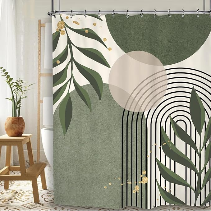 Yookeb Abstract Sage Green Bathroom Shower Curtain 60W by 71H Inch Modern Minimalist Mid Century Plant Leaves Aesthetic Neutral Geometric Contemporary 12 Plastic Hooks Waterproof Decor